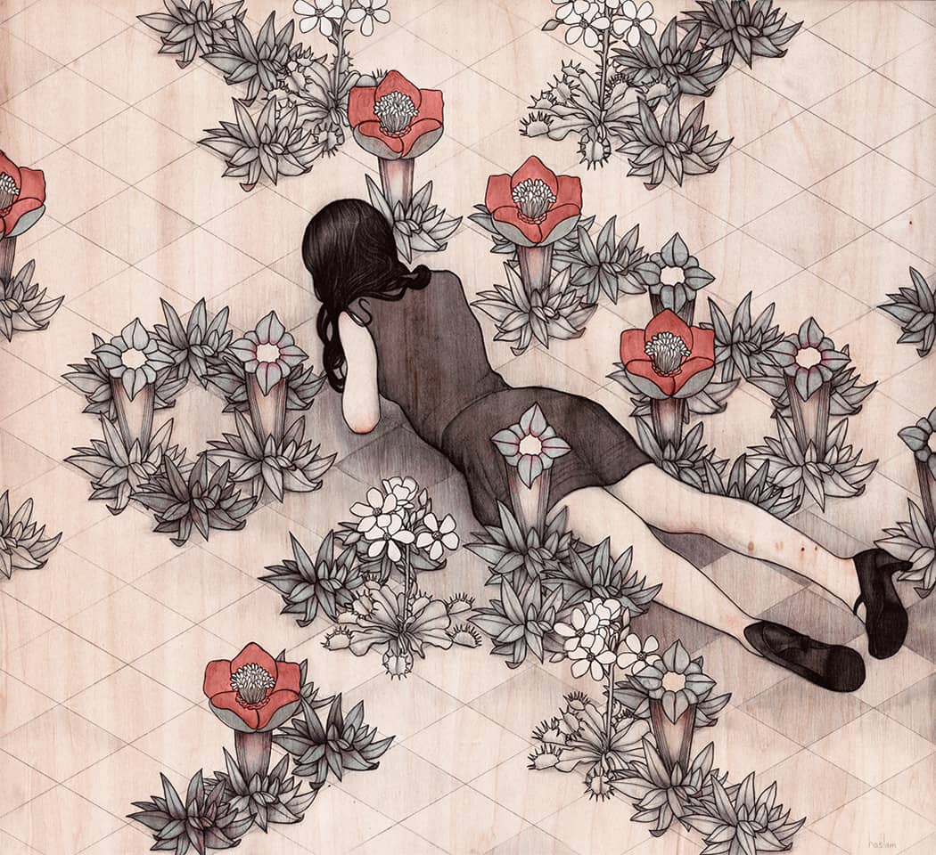 Illustration of girl lying on isometric grid covered with flowers