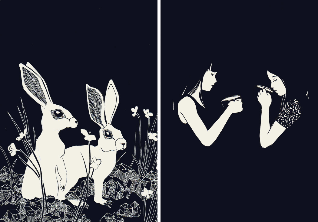Ink drawings of rabbits and two girls drinking tea in the dark